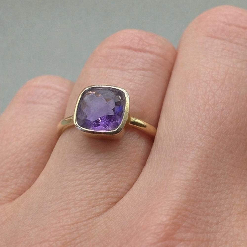 Sterling Silver 925 Gold Tone Square Cushion Cut Purple Stone Ring Sz 6.75